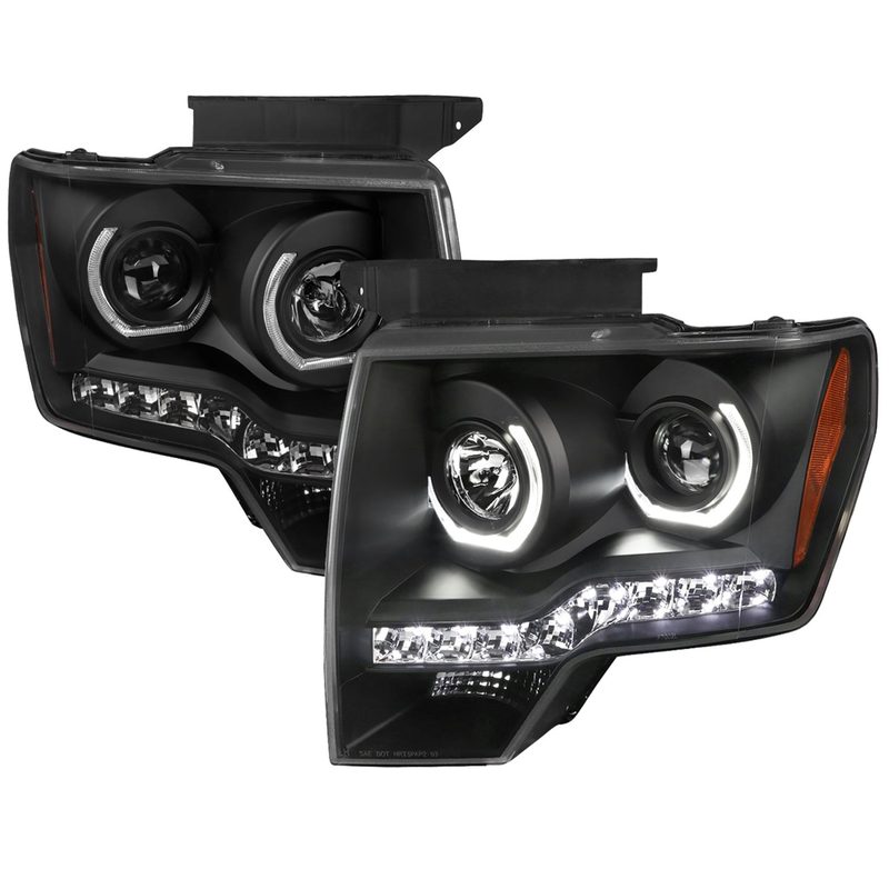 2009-2014 Ford F-150 Dual U-Ring Halo Projector Headlights LED Light Black