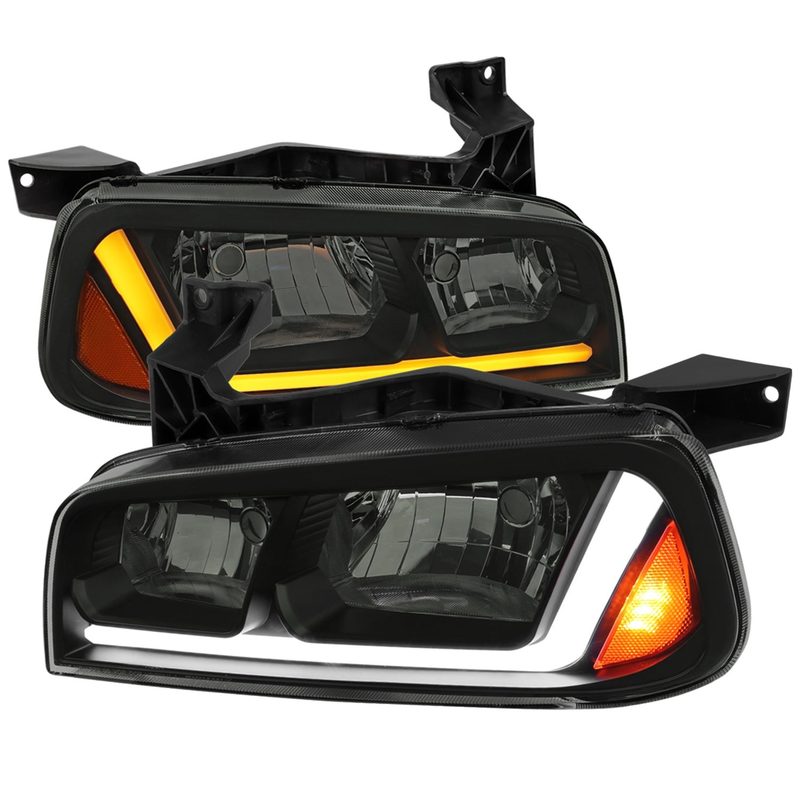 2006-2010 Dodge Charger Sequential LED Bar Factory Headlights Matt Smoke